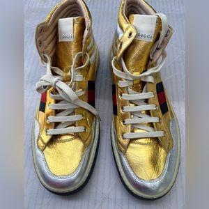 GUCCI Leather High Top Sneaker - Metallic Gold Size 13